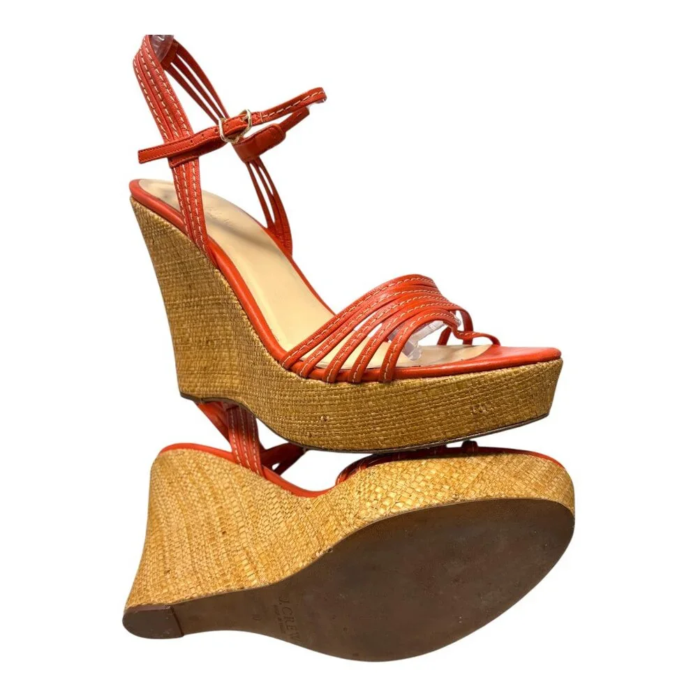 J. Crew Bette Orange Leather‎ Made in Italy Raffia High Wedge Sandals